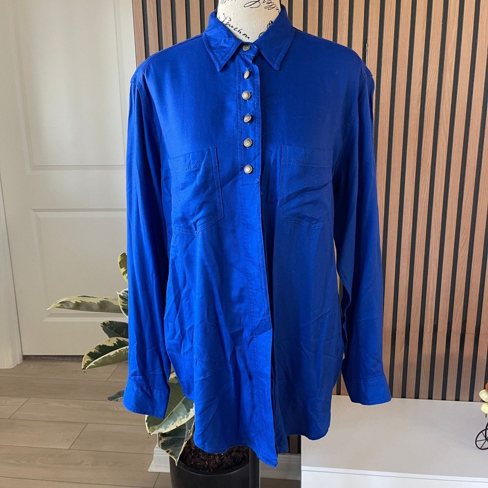 Basic Editions Royal Blue Rayon Button Down Long Sleeve Shirt‎ - Women's M